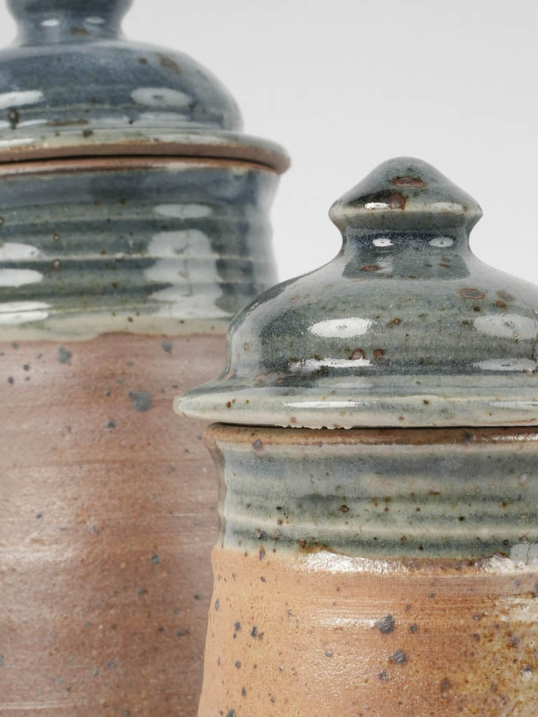 Aged blue French artisan pottery jars