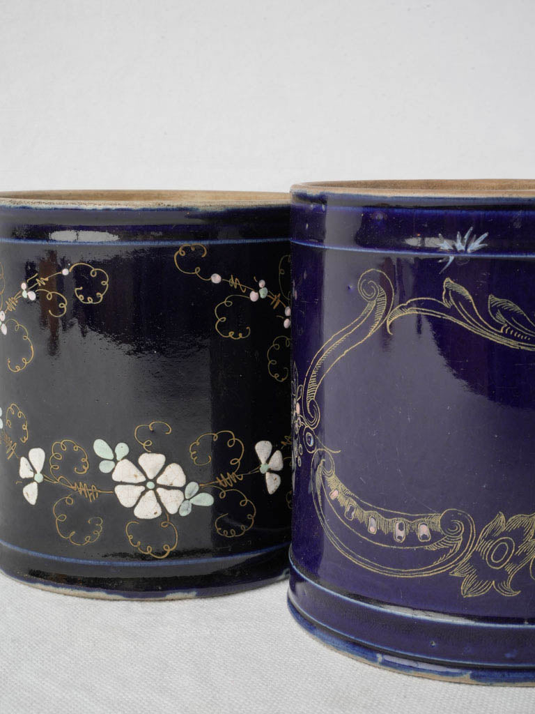 Charming Set of Six Antique Small Ceramic Pots in Midnight Blue - 5"