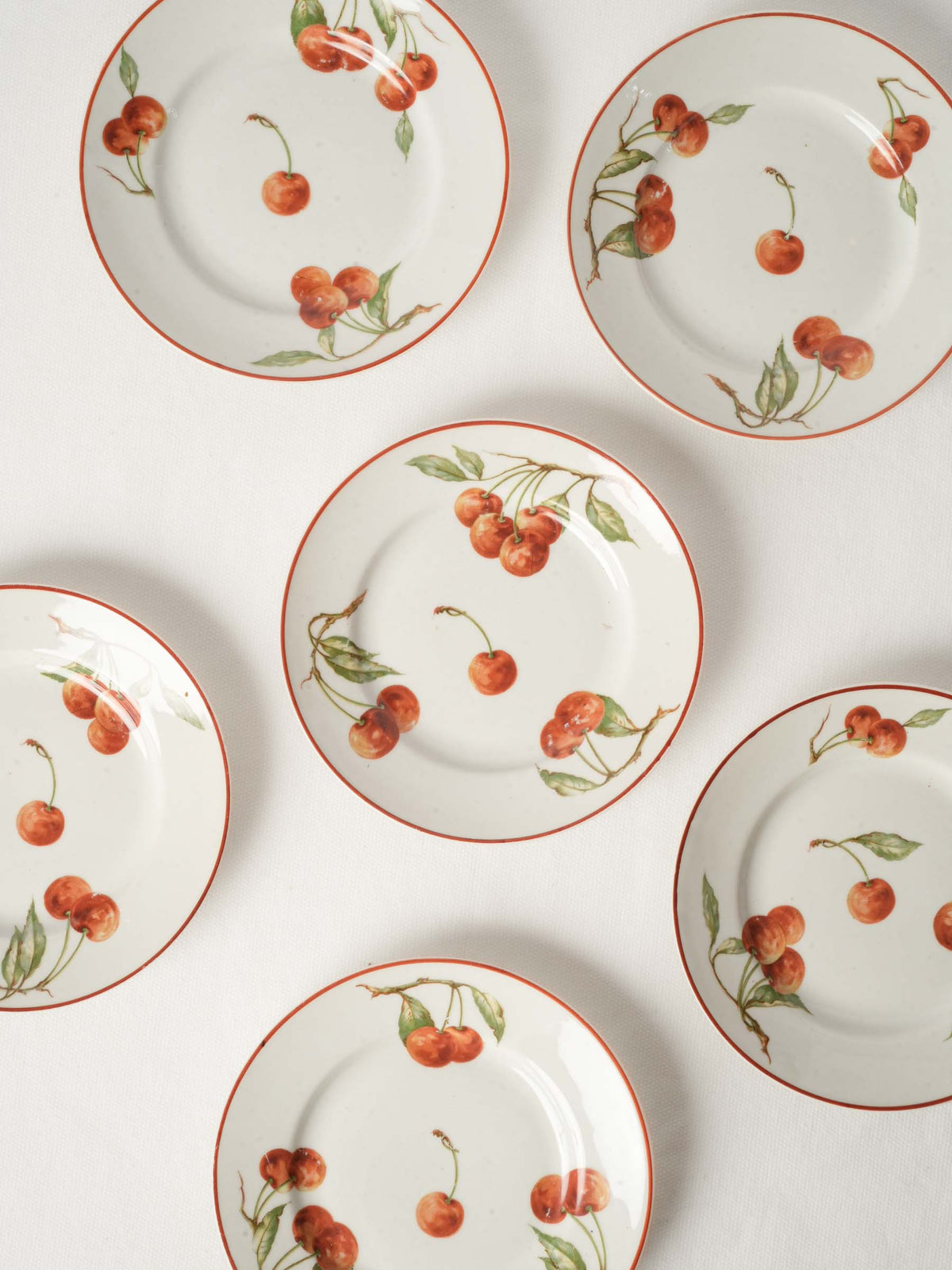 Set of Six Limoges Porcelain Plates Hand-Painted with Cherries - 6¼"