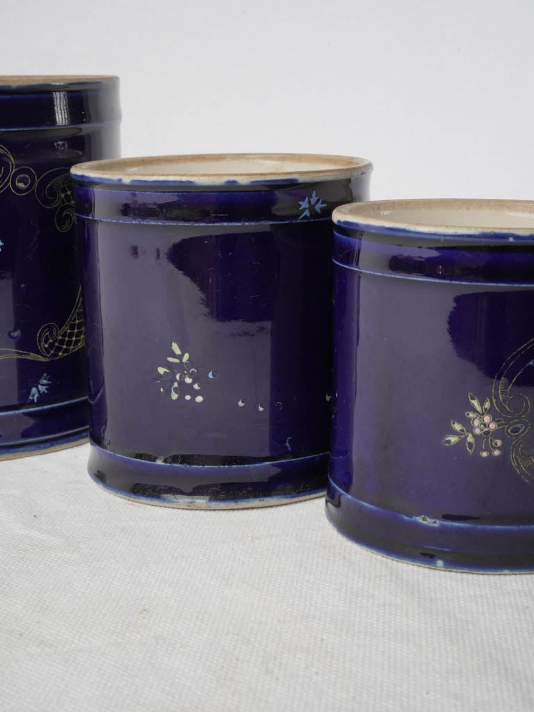 Charming Set of Six Antique Small Ceramic Pots in Midnight Blue - 5"