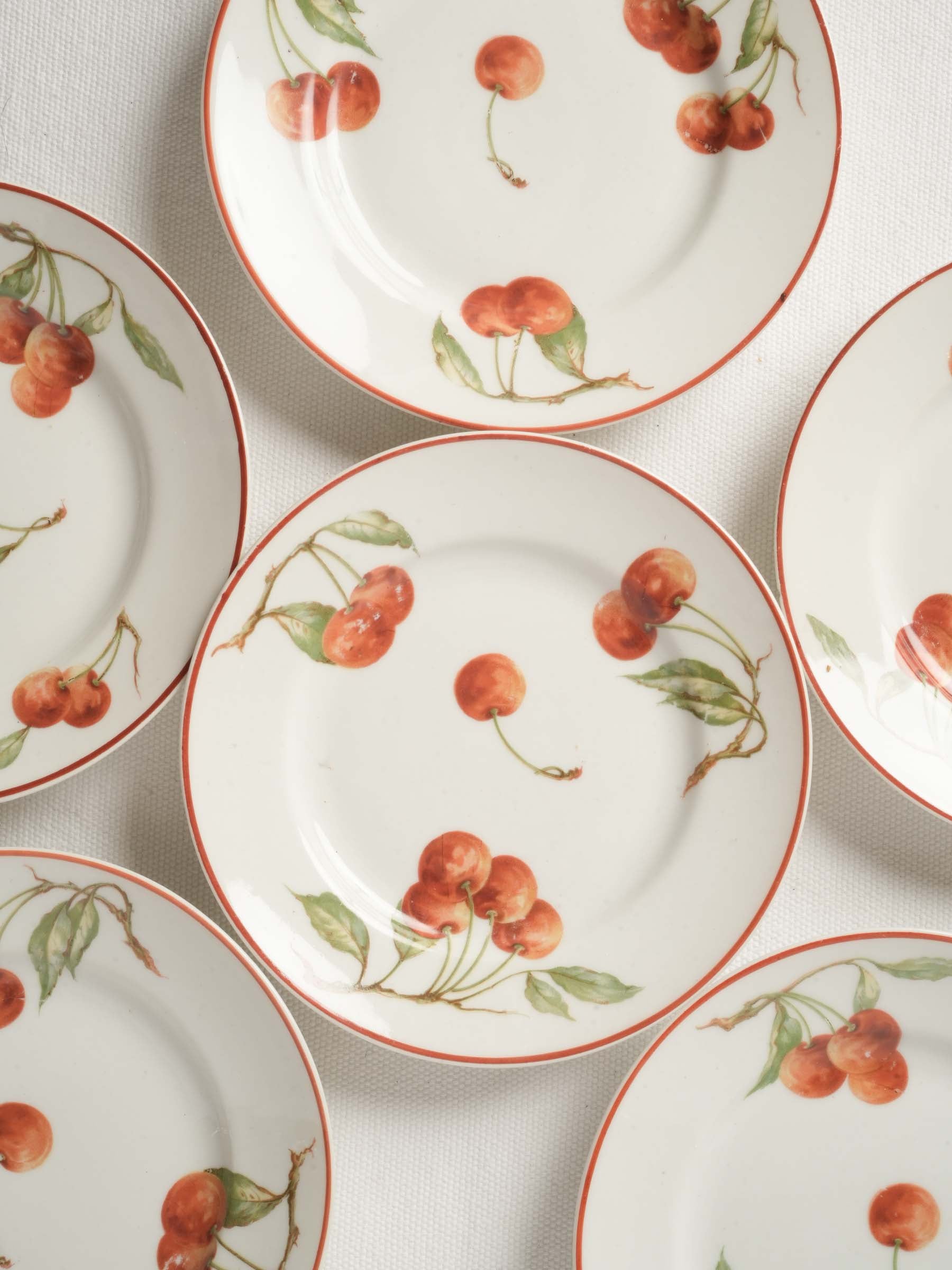 Set of Six Limoges Porcelain Plates Hand-Painted with Cherries - 6¼"
