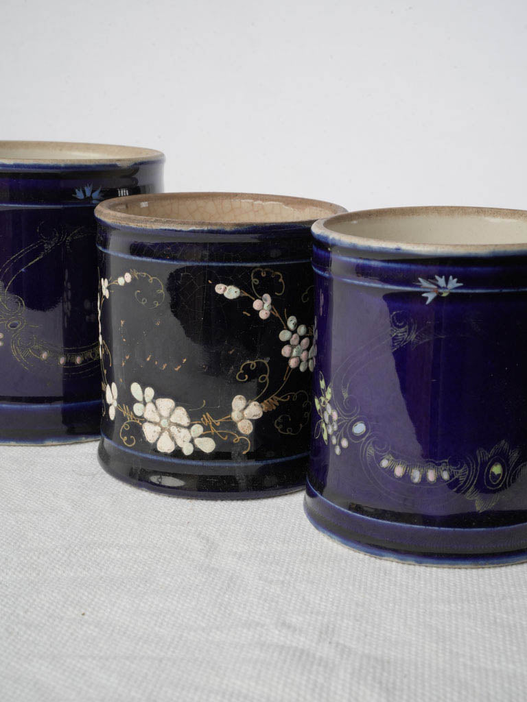 Charming Set of Six Antique Small Ceramic Pots in Midnight Blue - 5"