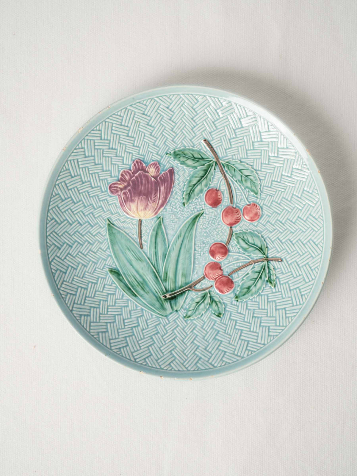 Antique French Barbotine Majolica Plate with Cherries and Tulip 9½"