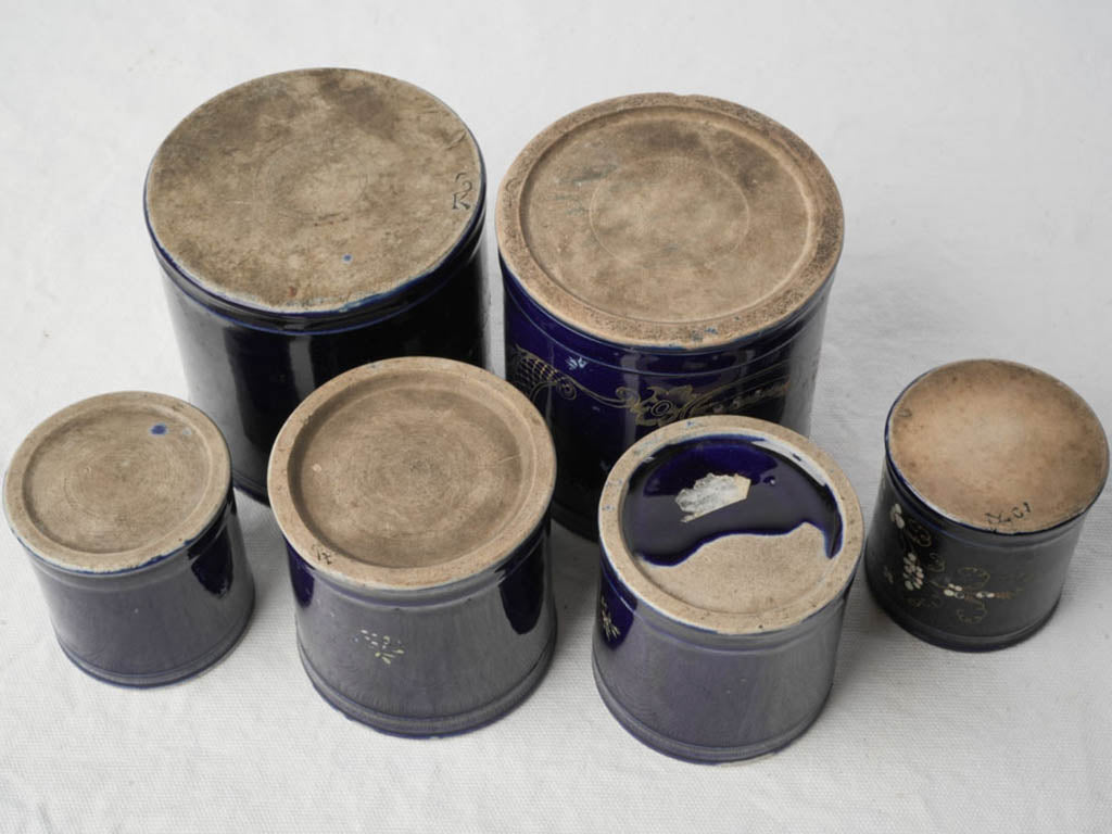 Charming Set of Six Antique Small Ceramic Pots in Midnight Blue - 5"