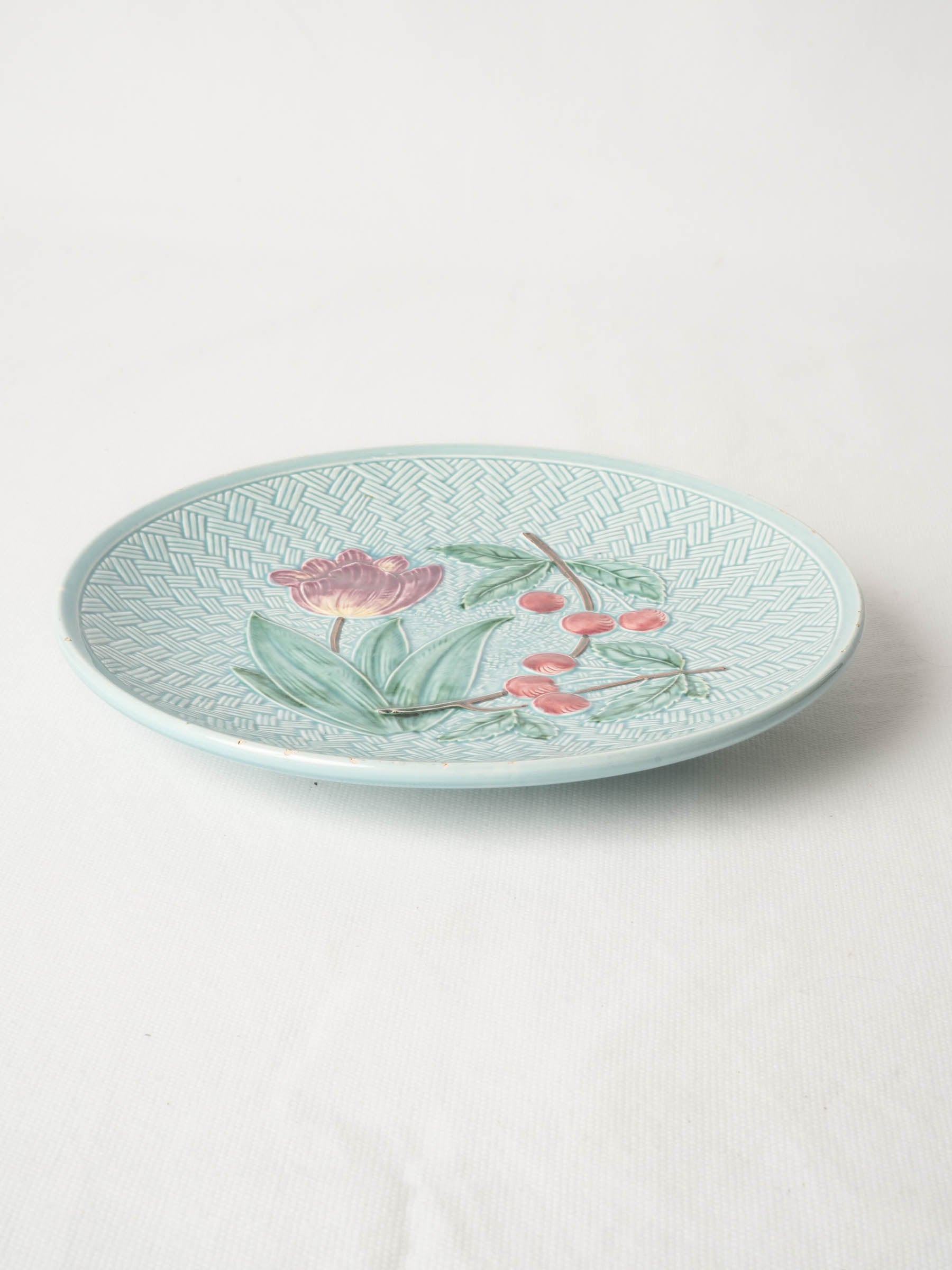 Antique French Barbotine Majolica Plate with Cherries and Tulip 9½"