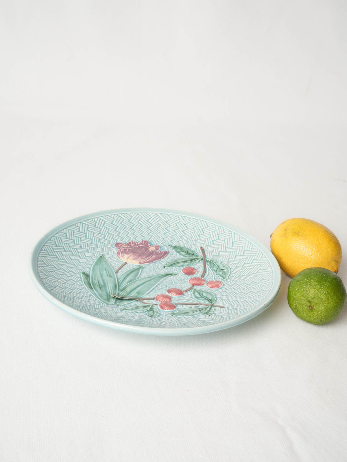 Antique French Barbotine Majolica Plate with Cherries and Tulip 9½"