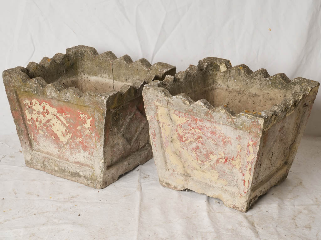 Antique scalloped rim concrete jardinières