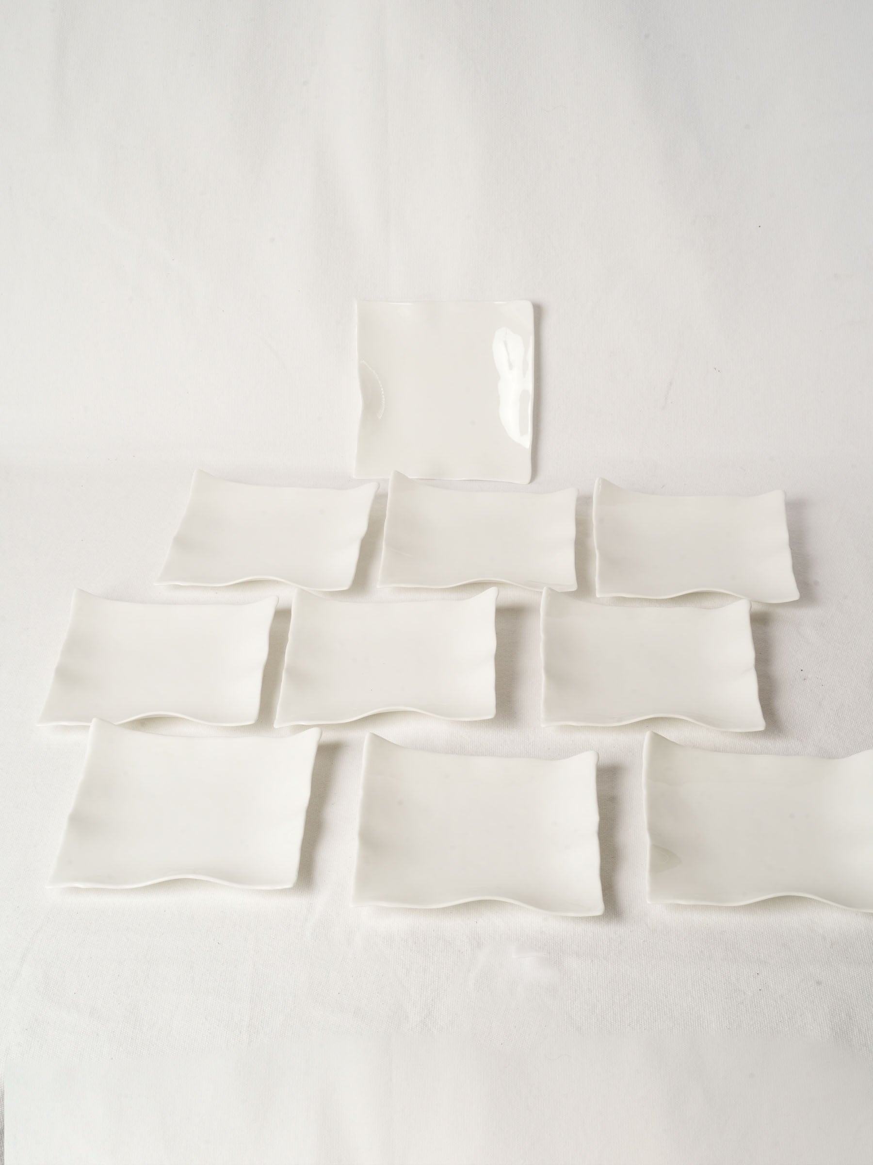 10 Handmade White Ceramic Square Plates w/ Undulating Edges 7"