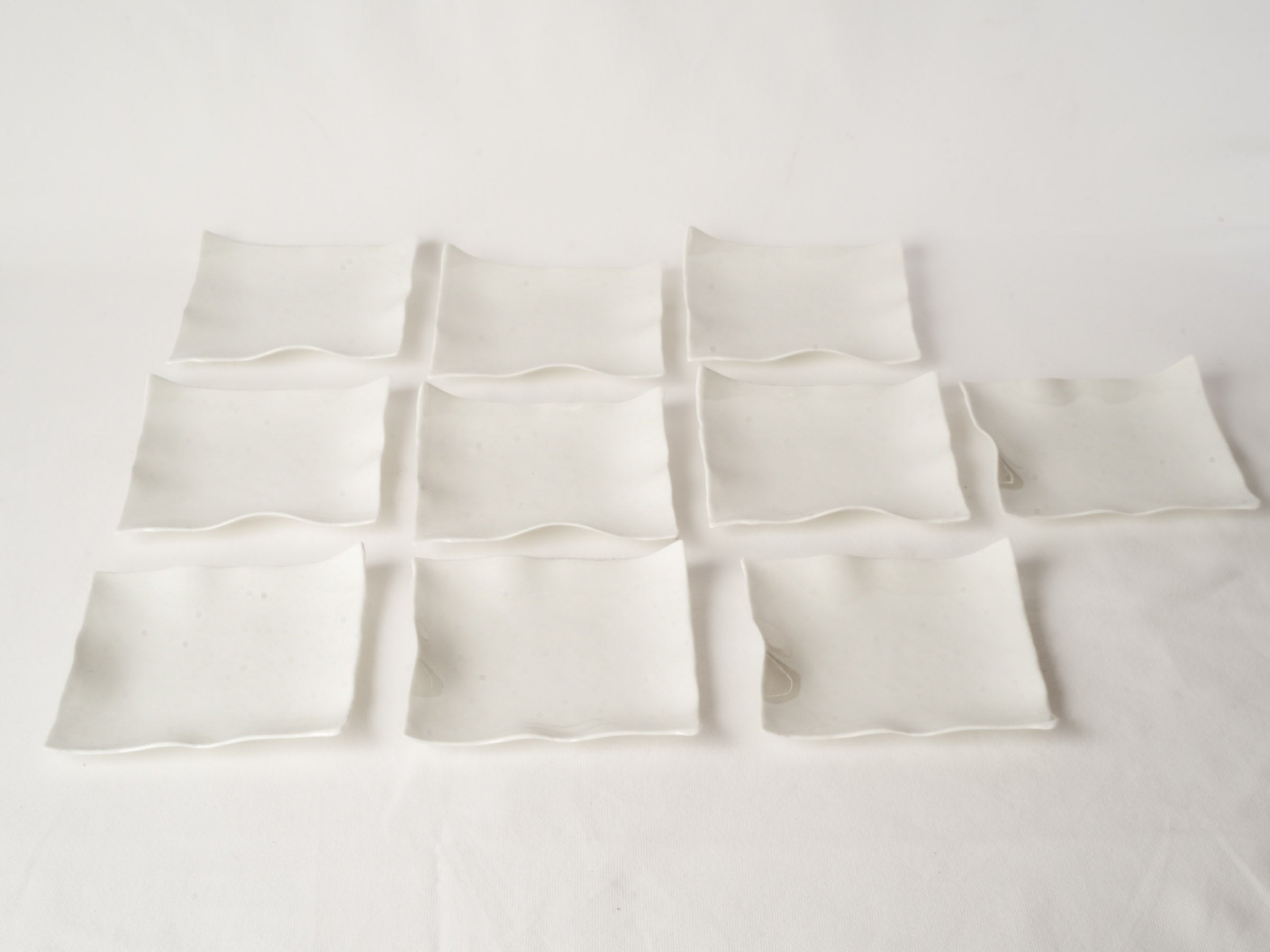 10 Handmade White Ceramic Square Plates w/ Undulating Edges 7"