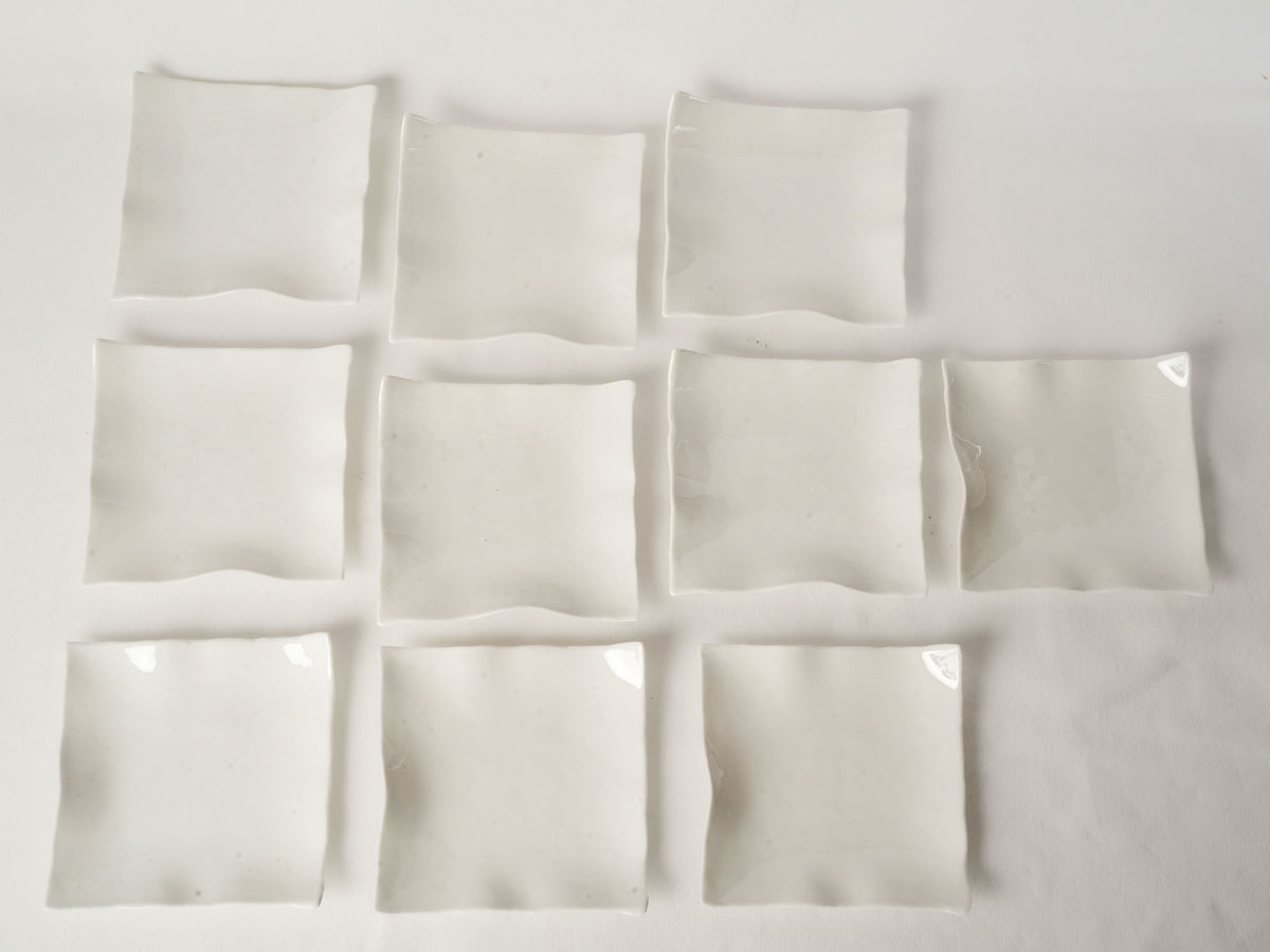 10 Handmade White Ceramic Square Plates w/ Undulating Edges 7"