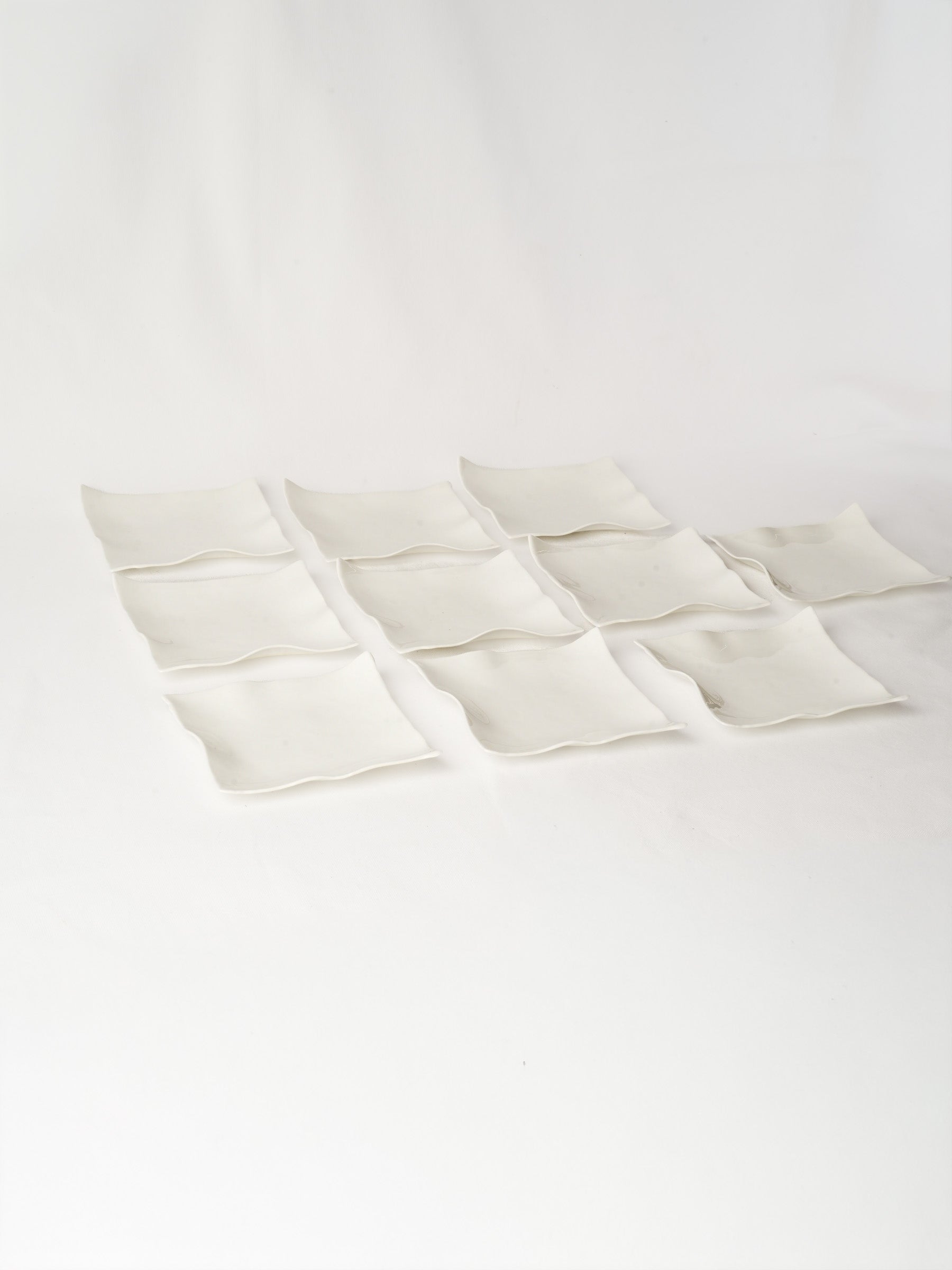 10 Handmade White Ceramic Square Plates w/ Undulating Edges 7"