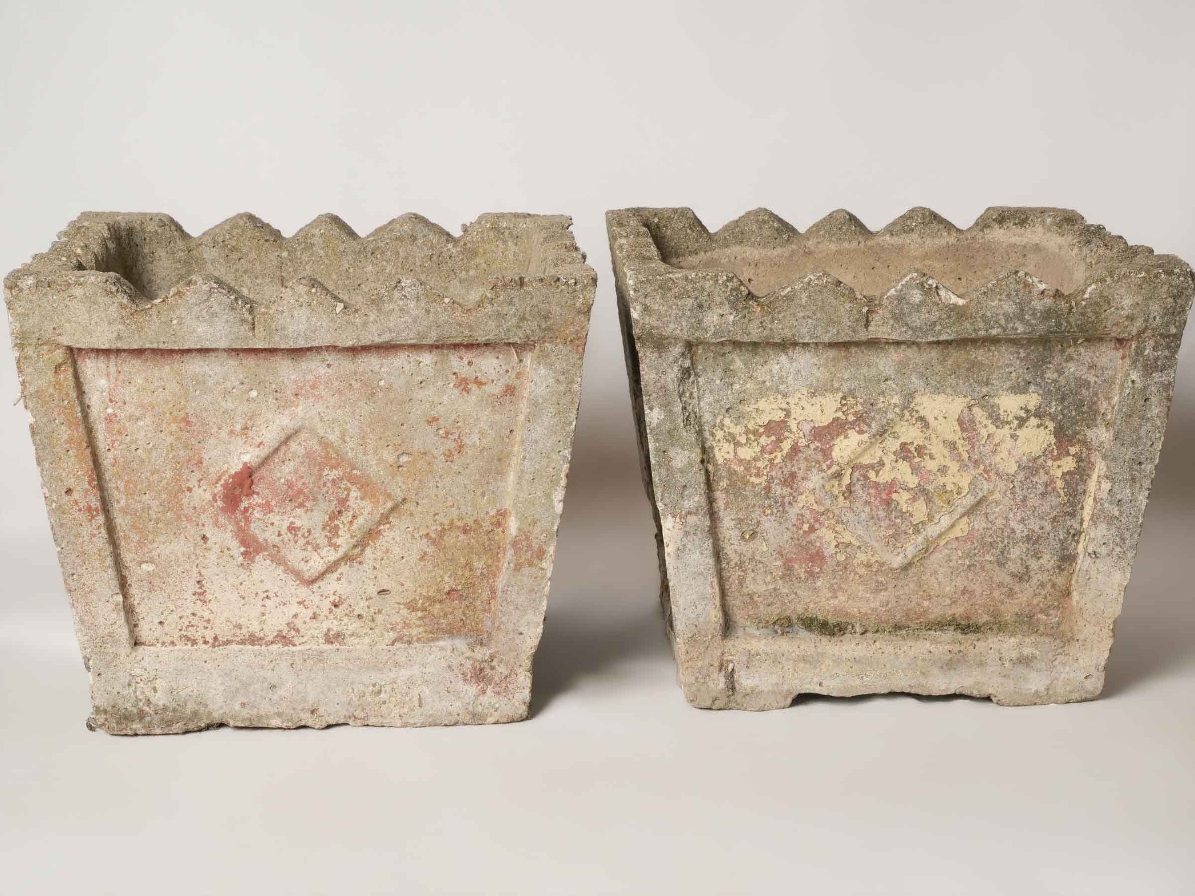 Set of 4 vintage square planters w/ pink patina 14½"