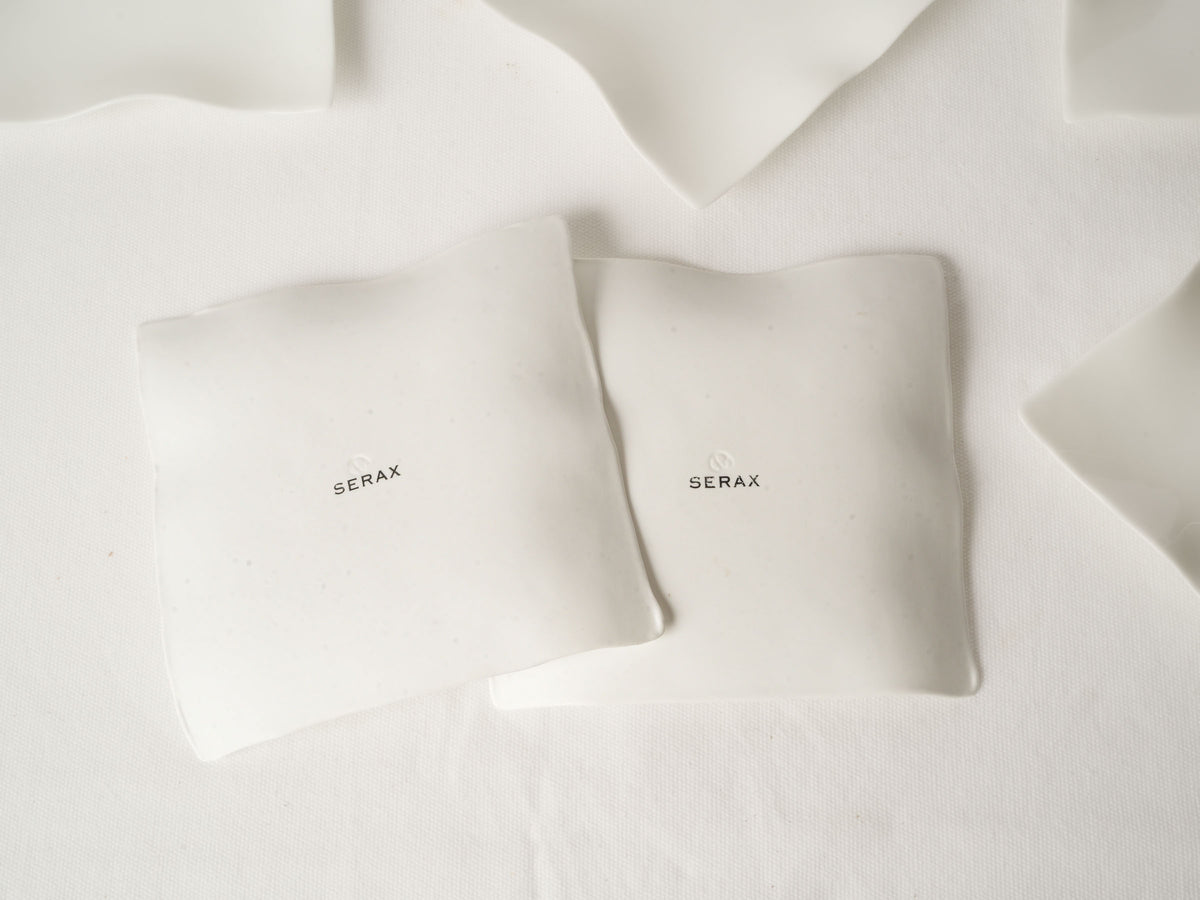 10 Handmade White Ceramic Square Plates w/ Undulating Edges 7"