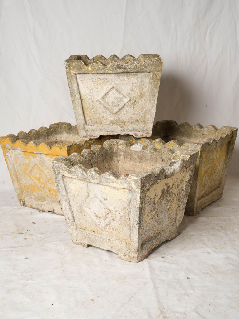 Set of 4 pretty vintage square planters w/ yellow patina 14½