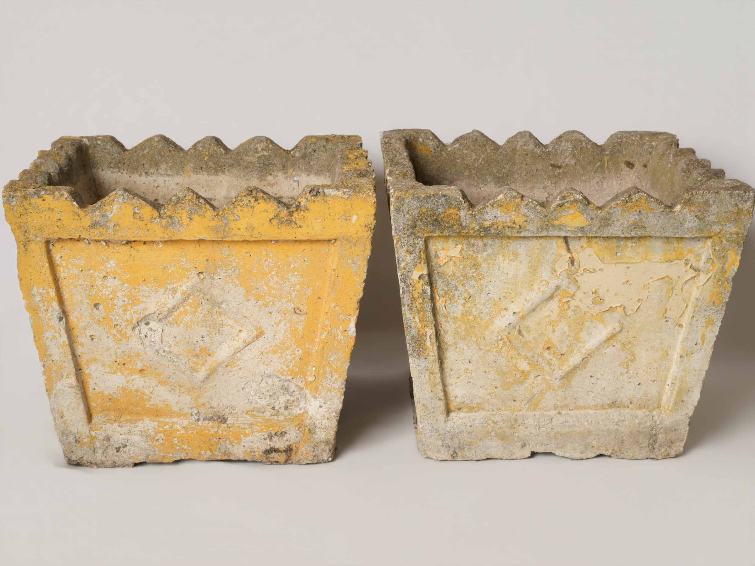 Set of 4 pretty vintage square planters w/ yellow patina 14½"