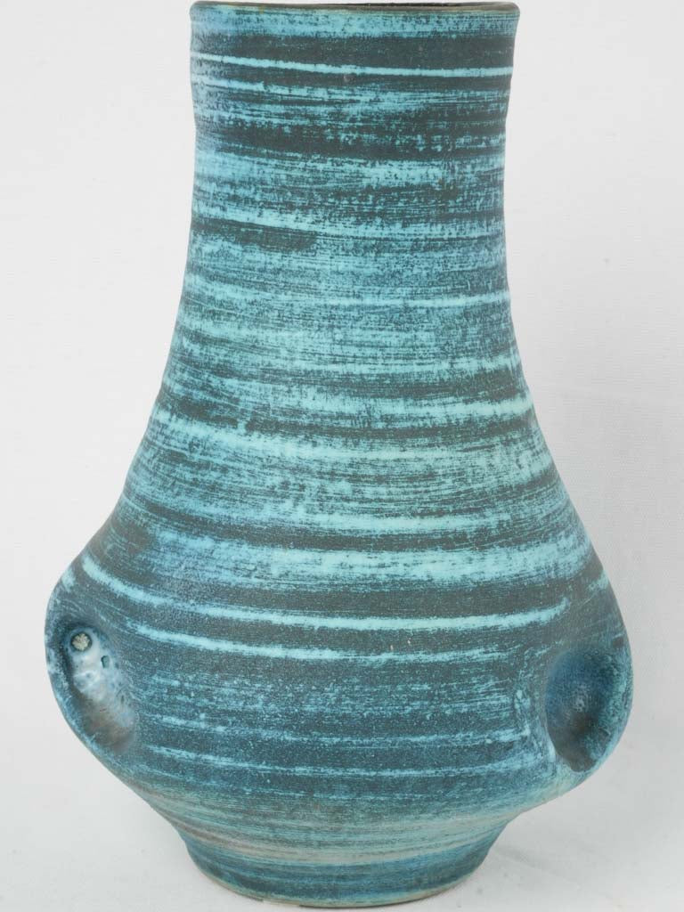 Colorful 1960s French ceramic vase | Large blue-glazed pinched ceramic vase - Accolay, France circa 1950, 13¾