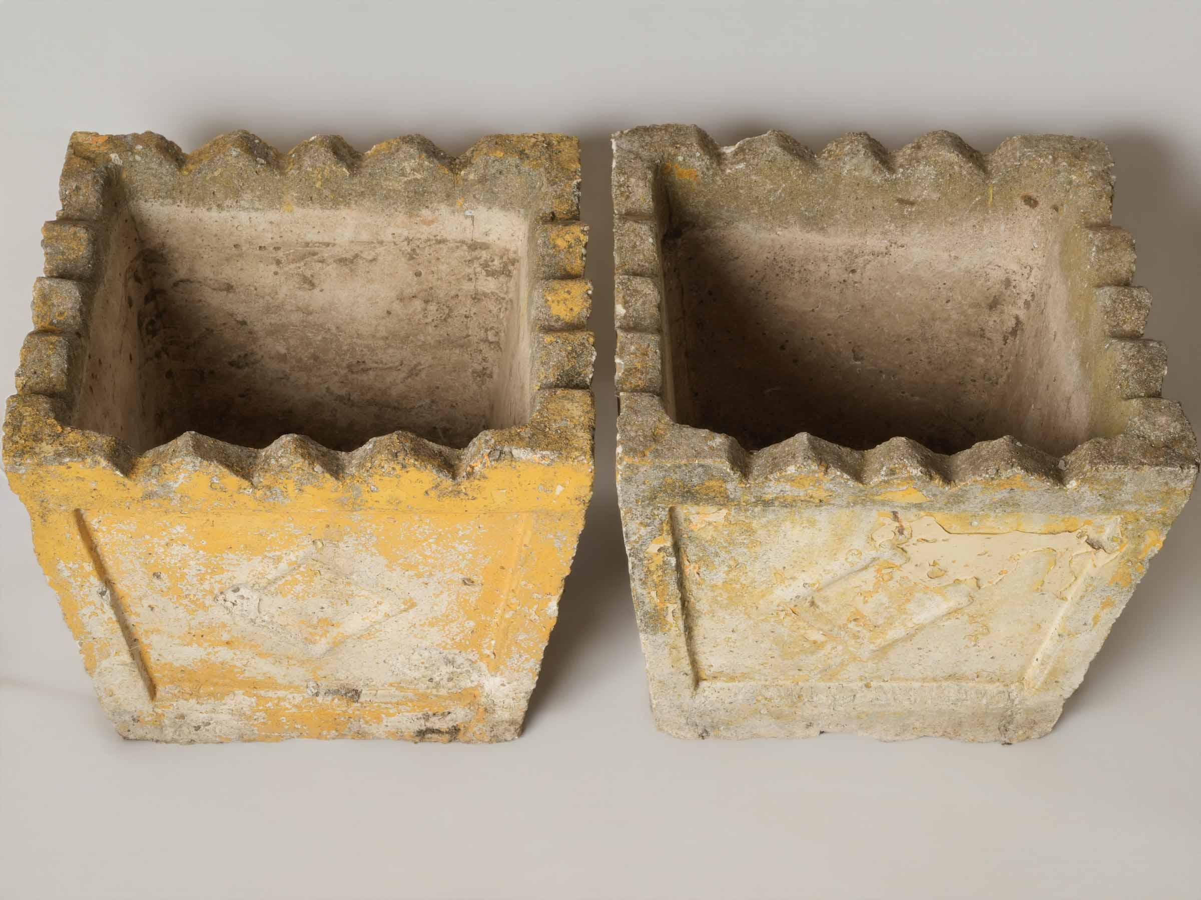 Set of 4 pretty vintage square planters w/ yellow patina 14½"