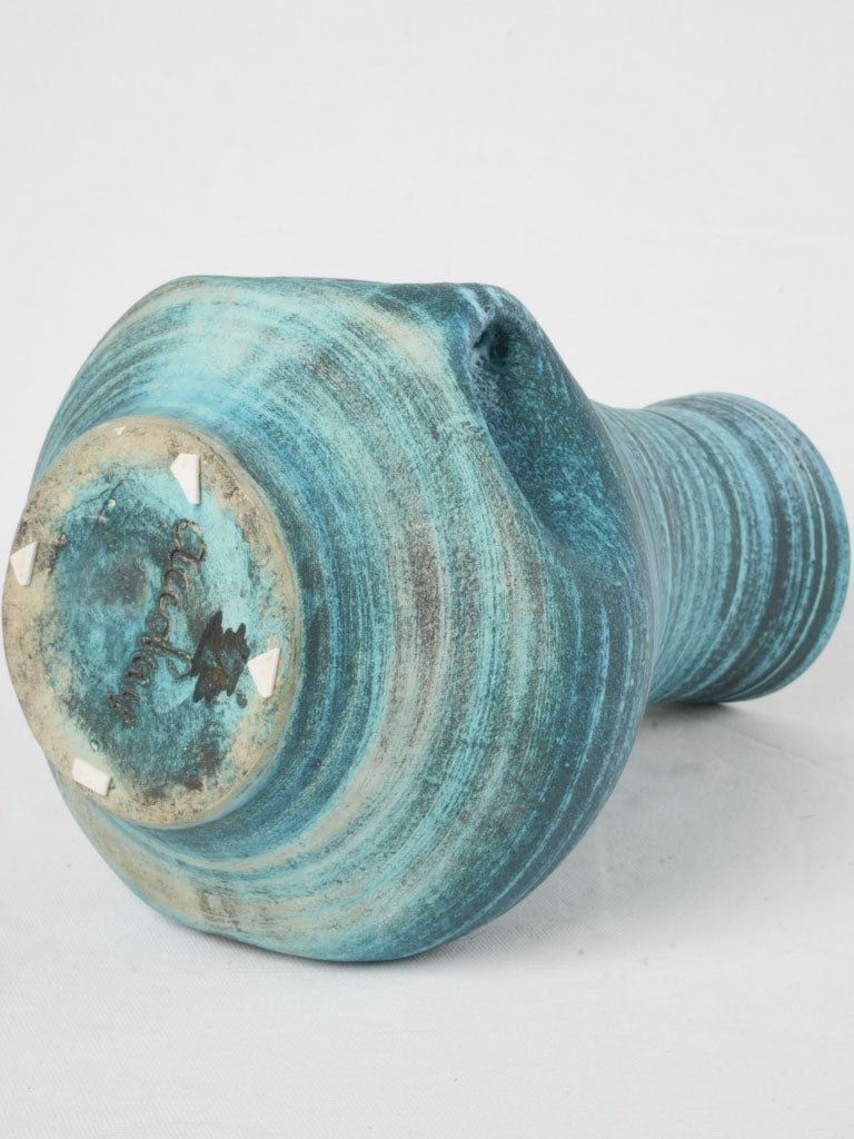 Granular French Accolay pottery vase | Large blue-glazed pinched ceramic vase - Accolay, France circa 1950, 13¾