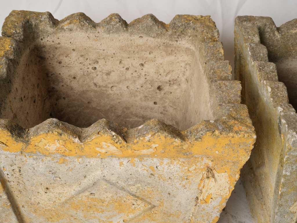 Set of 4 pretty vintage square planters w/ yellow patina 14½"
