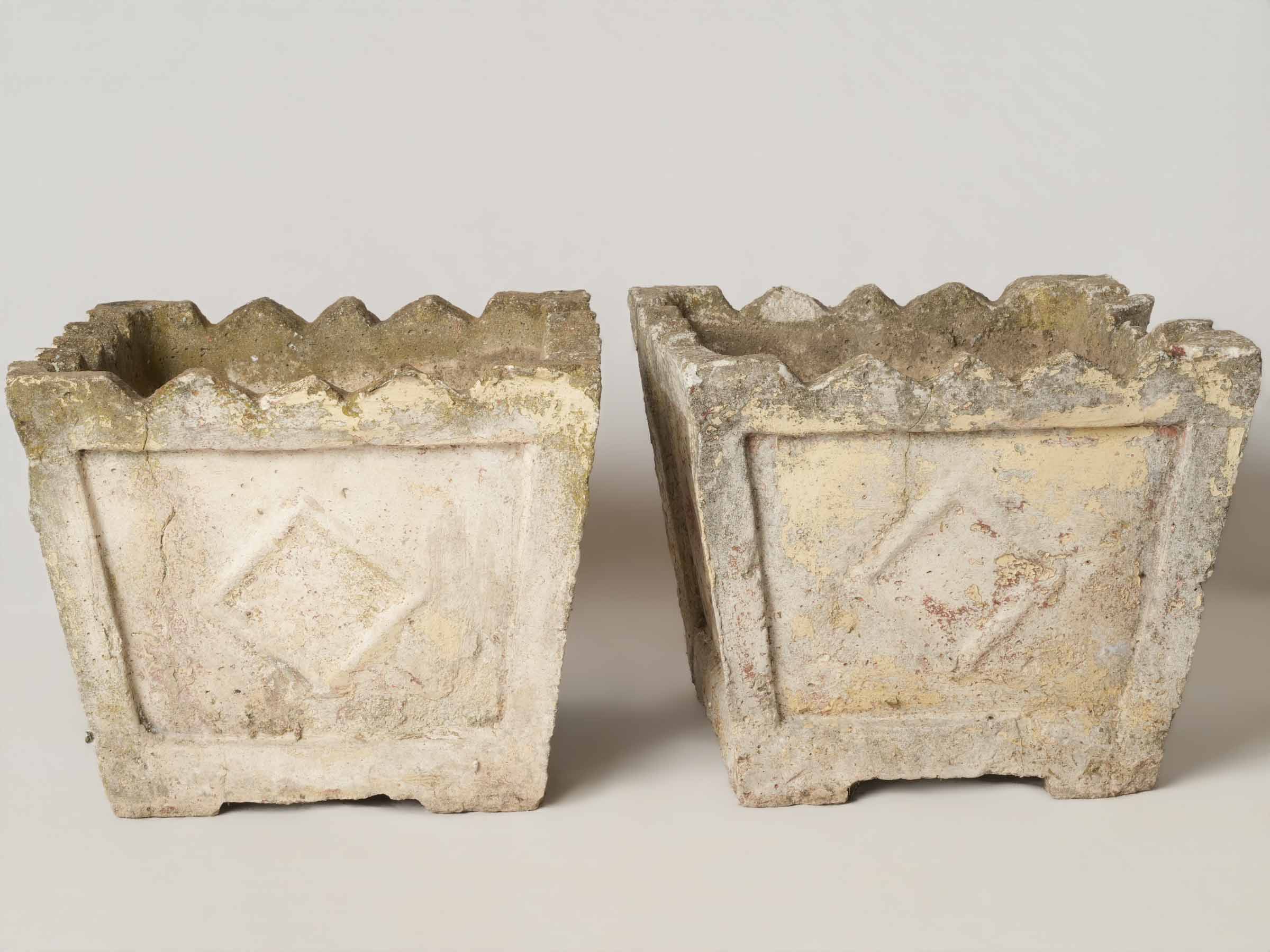 Set of 4 pretty vintage square planters w/ yellow patina 14½"