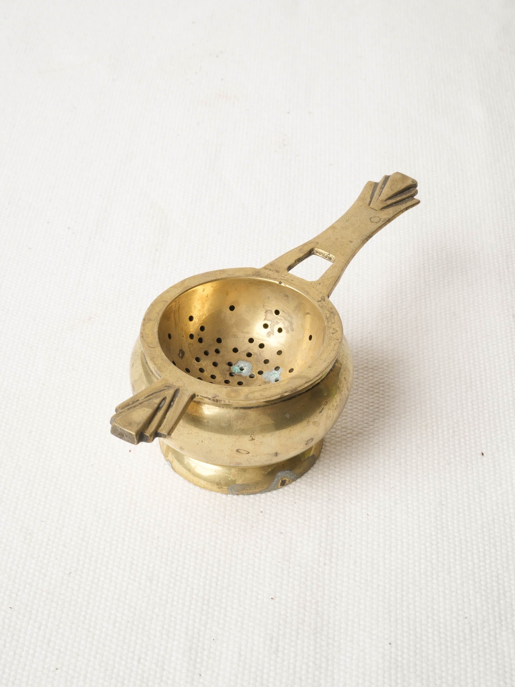 Art Deco Brass Tea Strainer w/ Geometric Handles