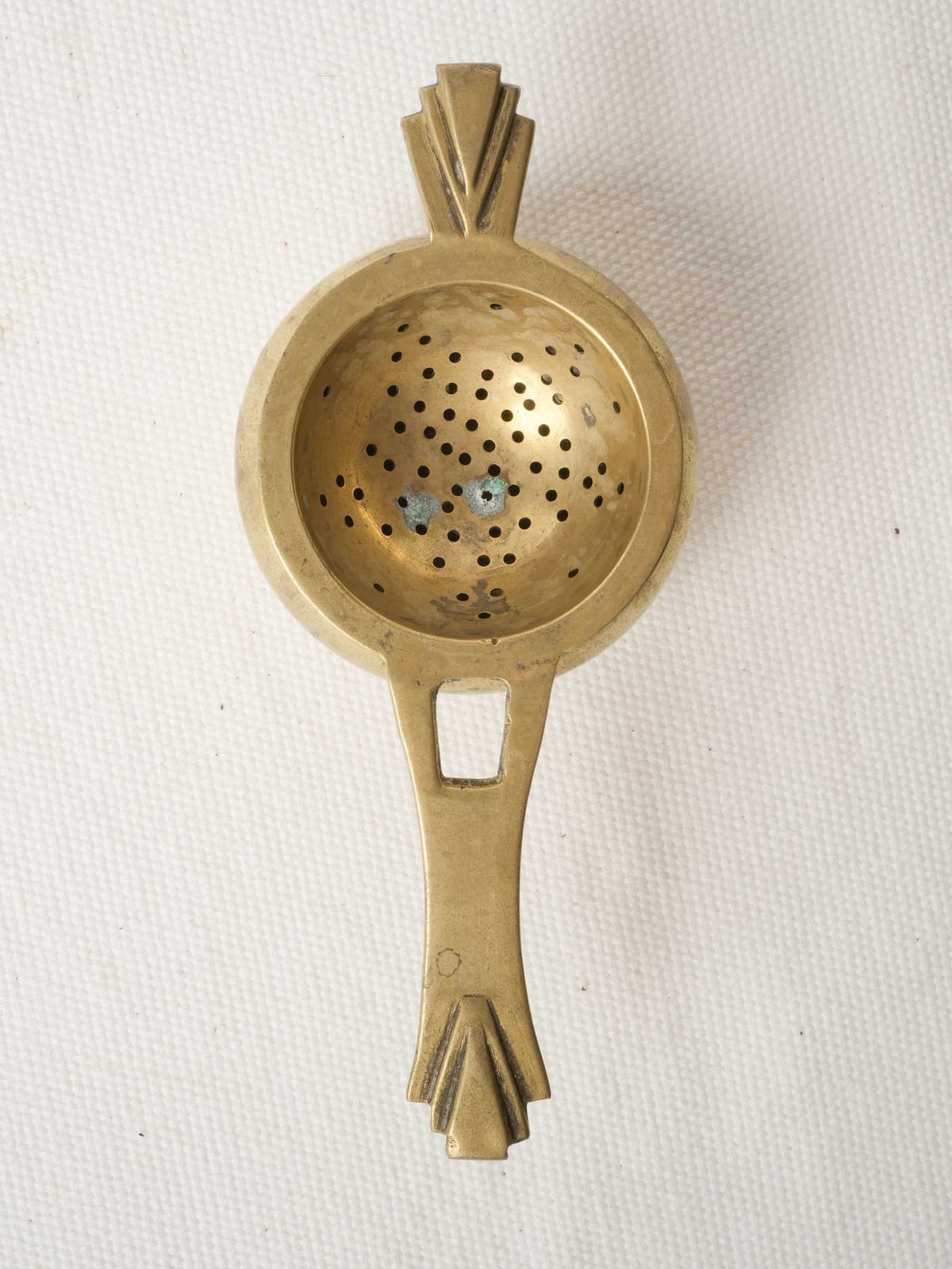 Art Deco Brass Tea Strainer w/ Geometric Handles