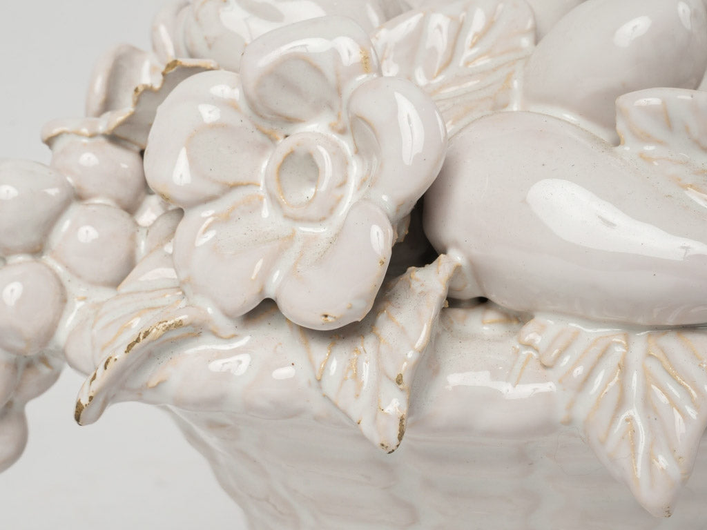Charming, white-glazed ceramic fruit basket