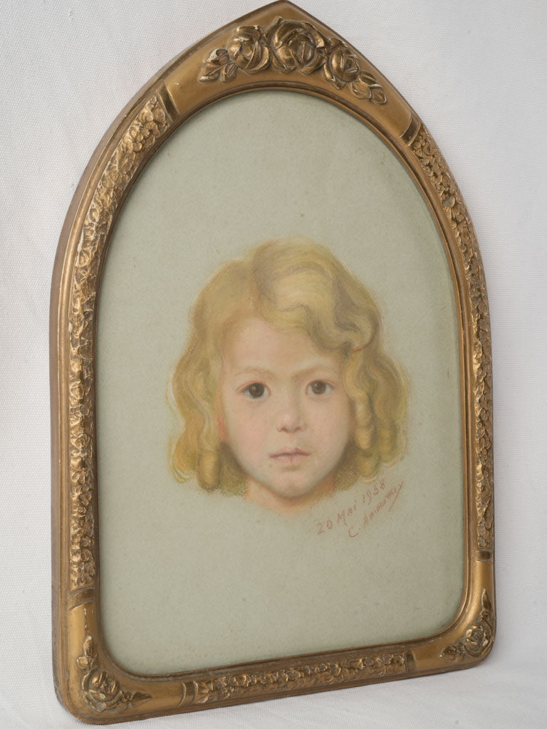 Giltwood-framed pastel girl portrait