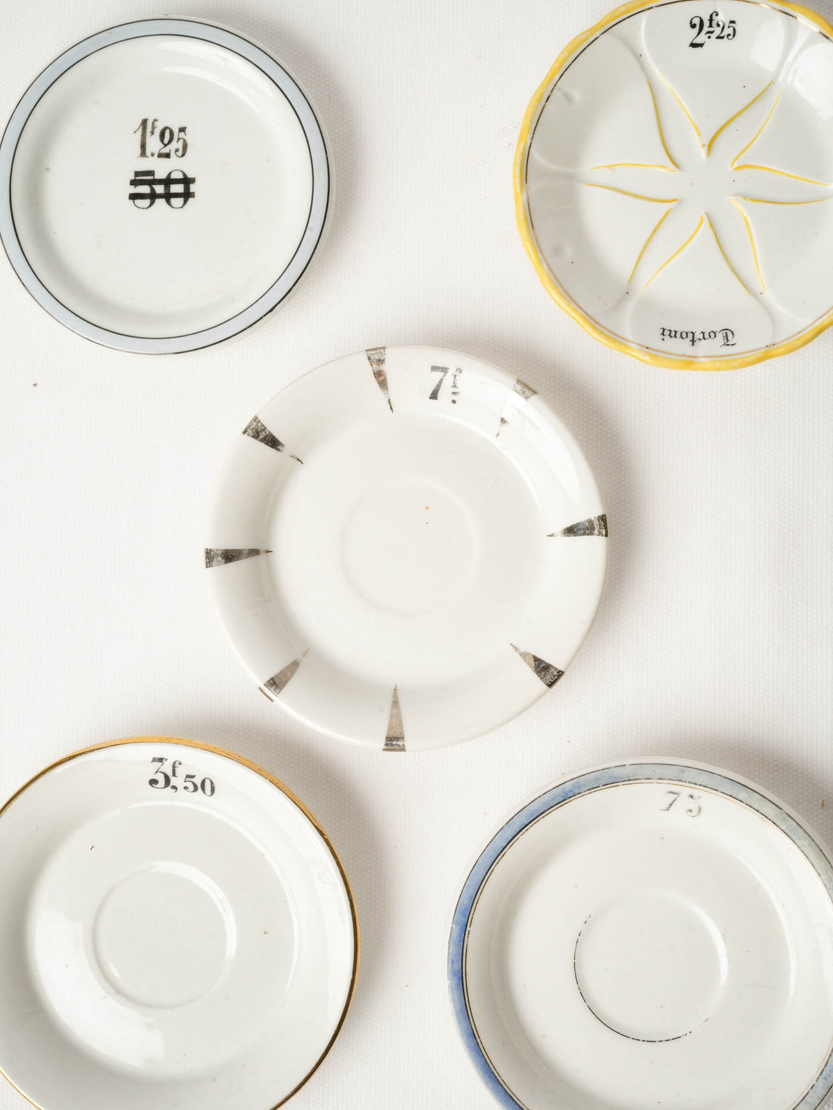Set of Five French Porcelain Bistro Saucers from Paris