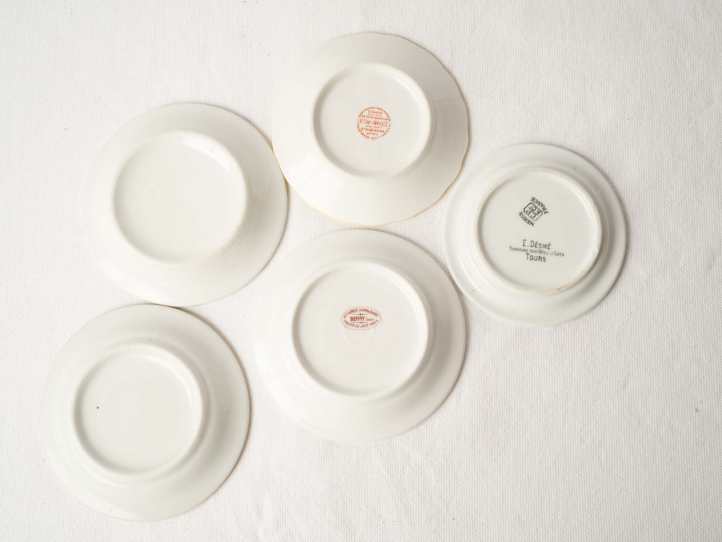Set of Five French Porcelain Bistro Saucers from Paris
