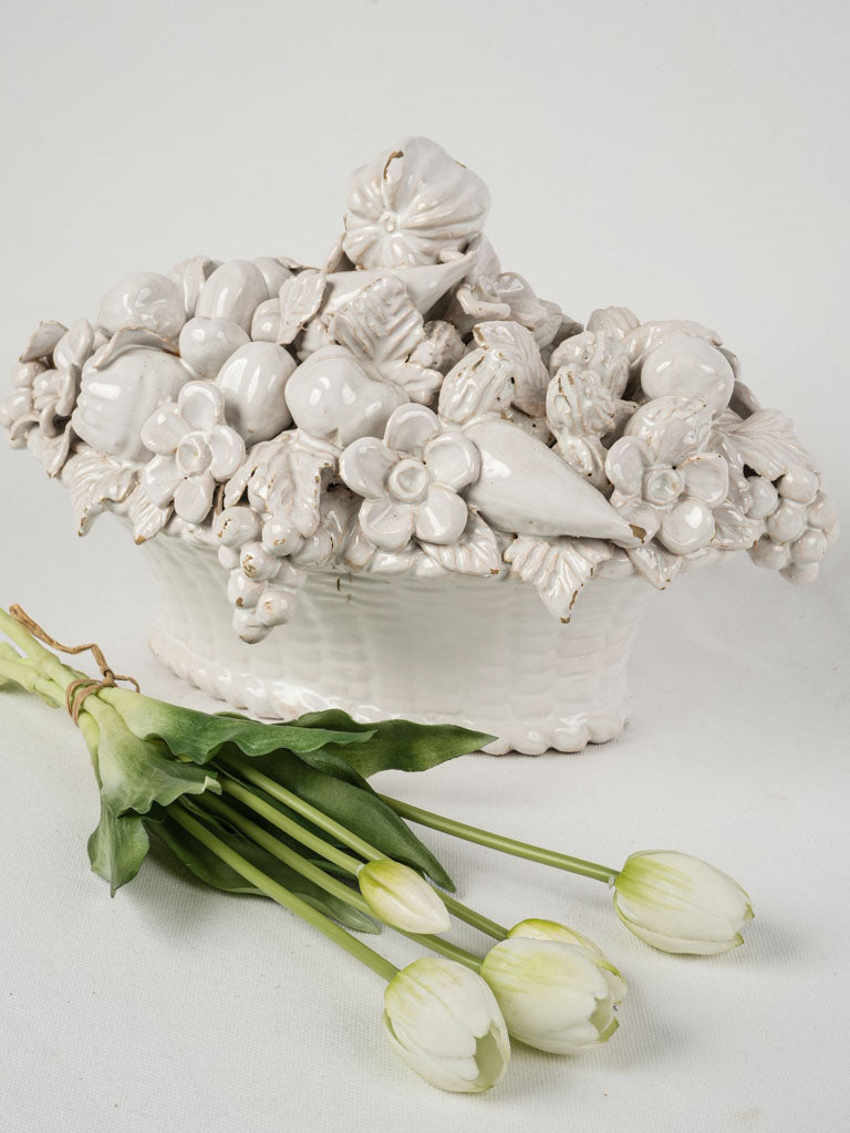 Late-Twentieth Century, Vintage, White-Glazed, Ceramic, Sculptural Plum and Grape Decor