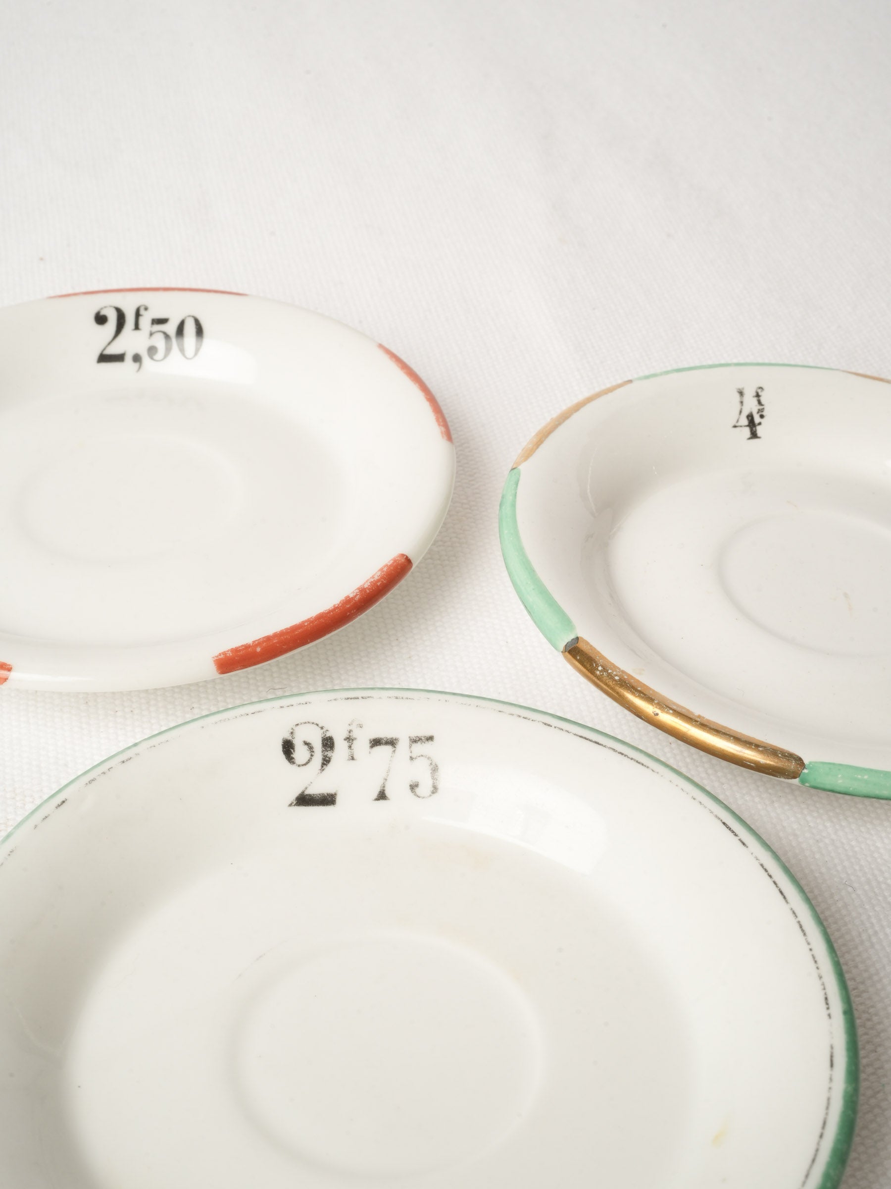 Set of Three French Bistro Porcelain Price Saucers