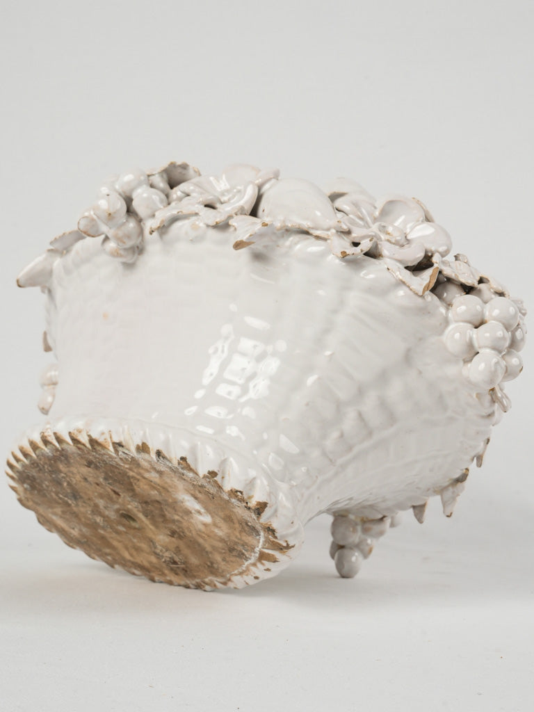 Vintage, French, Large, White-Glazed, Round Sculptural Ceramic Fruit Basket