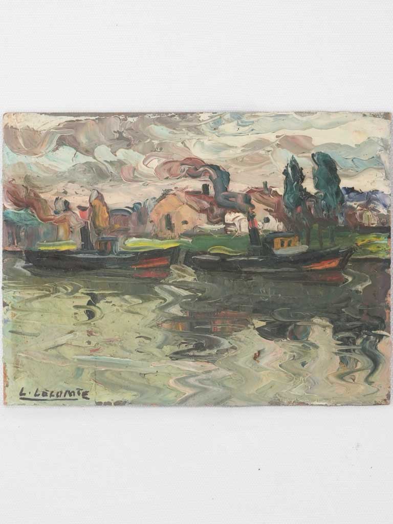 Small landscape painting - village on a river 7" x 9½"