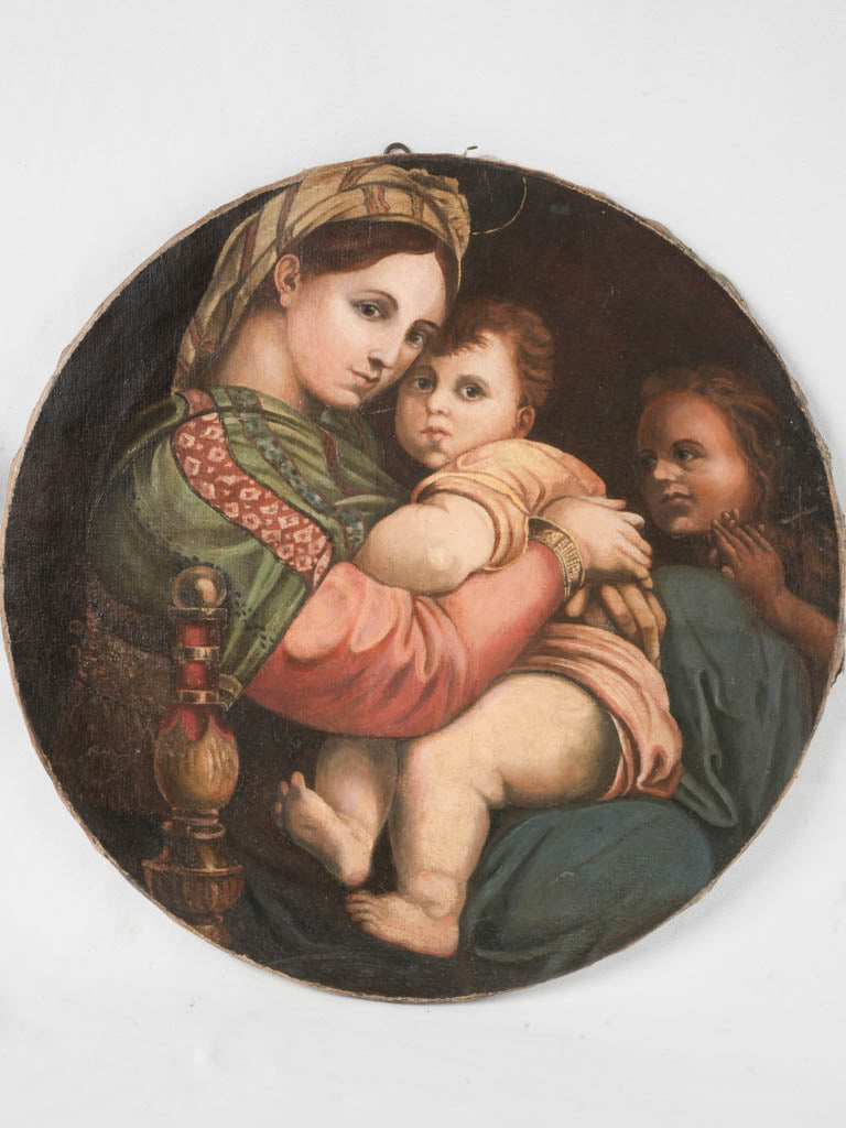 Antique French circular religious oil painting
