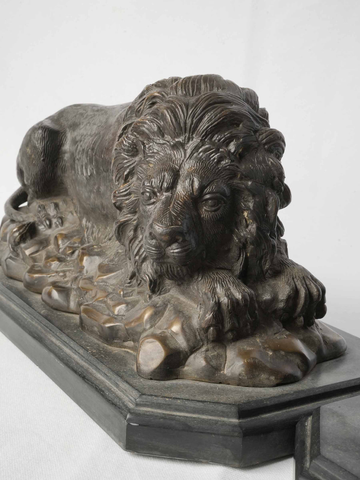 Rich patina 19th-century recumbent lions