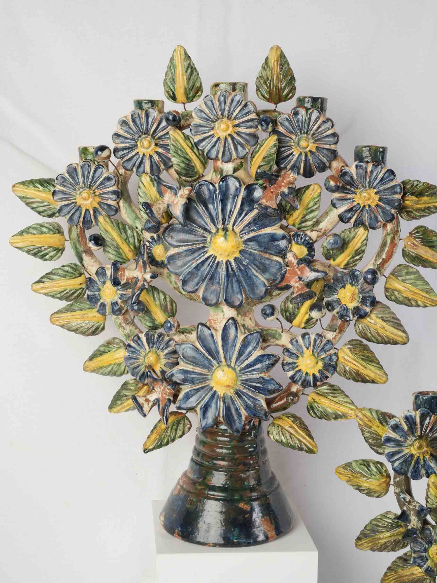 Vibrant Pair of Mexican Folk Art Tree of Life Earthenware Candelabra, Mid 20th Century - 22½" x 20¾"