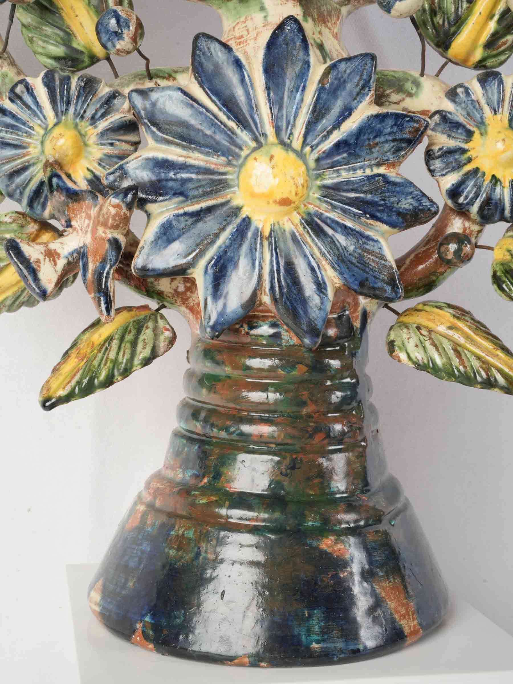 Vibrant Pair of Mexican Folk Art Tree of Life Earthenware Candelabra, Mid 20th Century - 22½" x 20¾"
