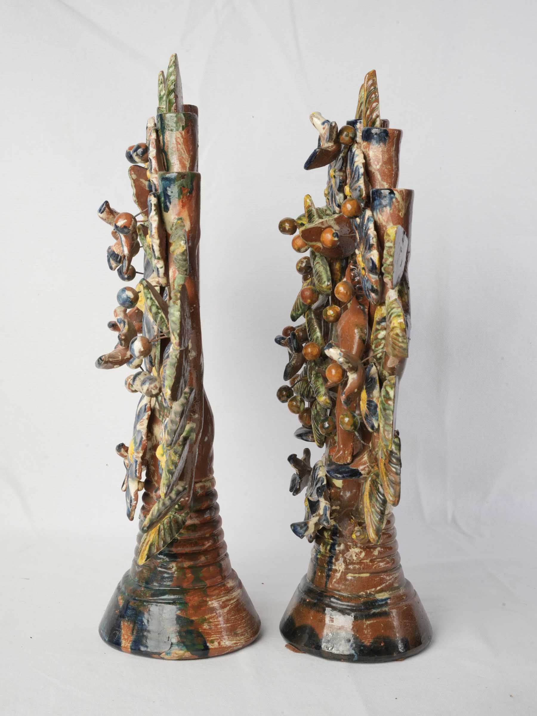Vibrant Pair of Mexican Folk Art Tree of Life Earthenware Candelabra, Mid 20th Century - 22½" x 20¾"