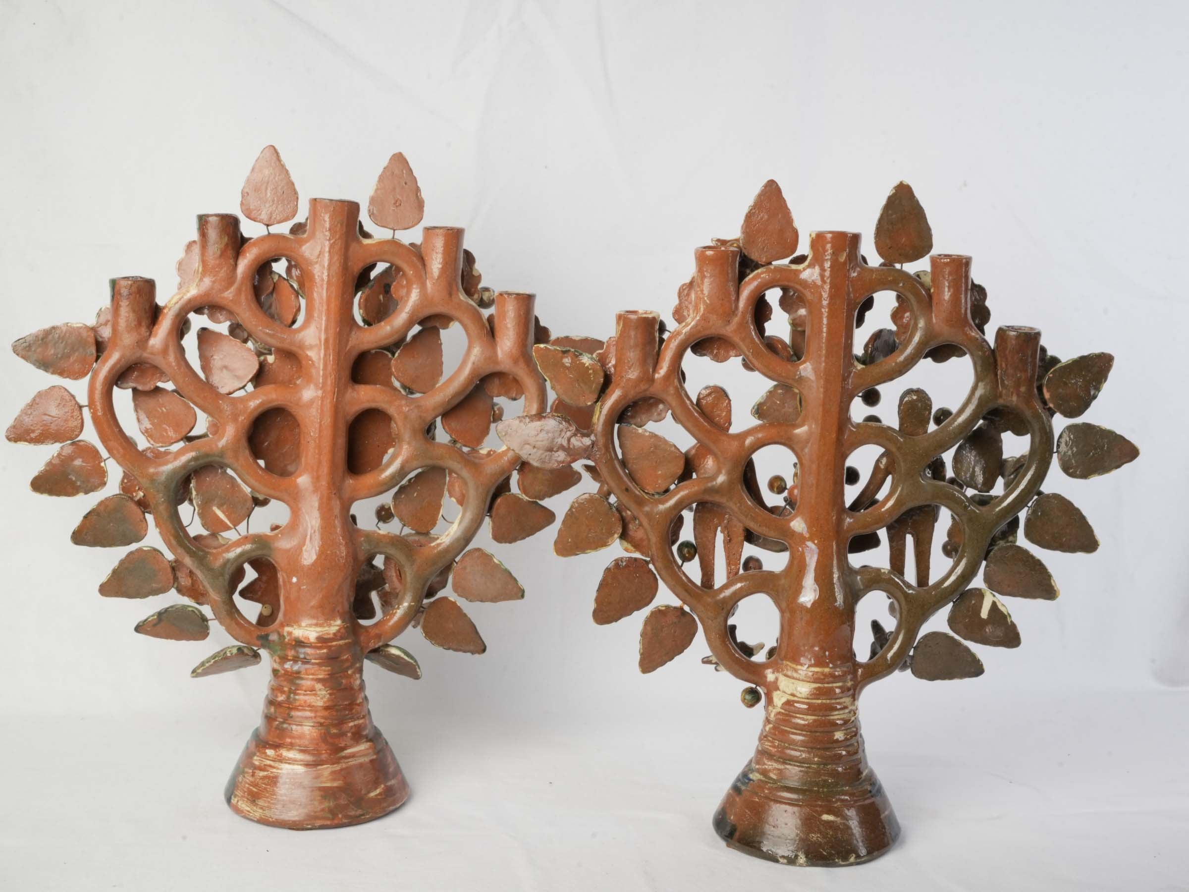 Vibrant Pair of Mexican Folk Art Tree of Life Earthenware Candelabra, Mid 20th Century - 22½" x 20¾"