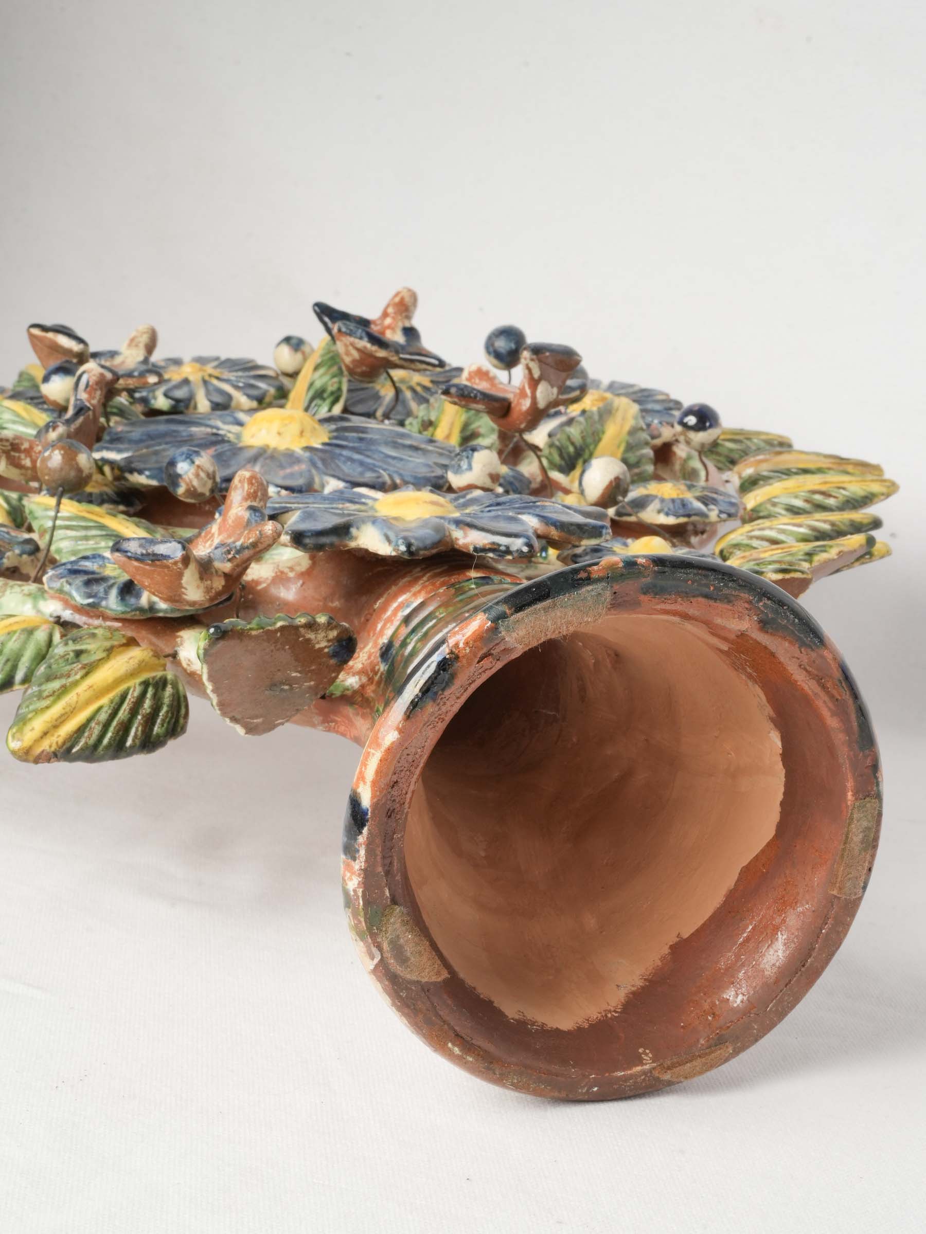 Vibrant Pair of Mexican Folk Art Tree of Life Earthenware Candelabra, Mid 20th Century - 22½" x 20¾"