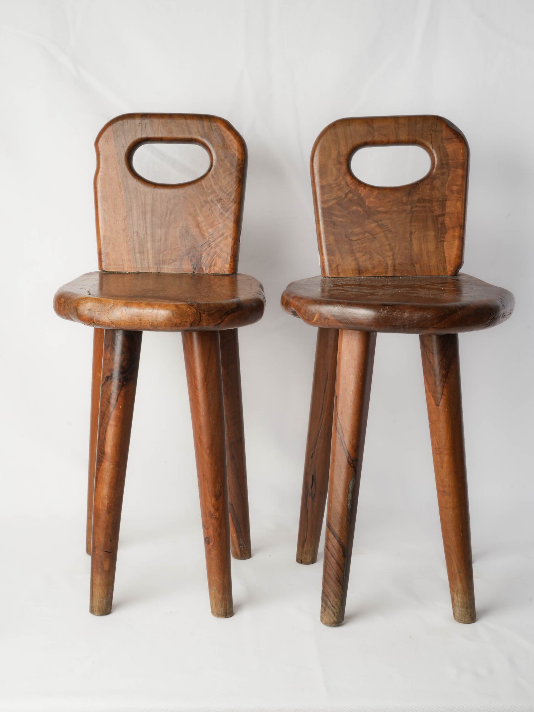 Pair of Brutalist-Inspired Olive Wood Chairs, 1950s-1960s - 28"