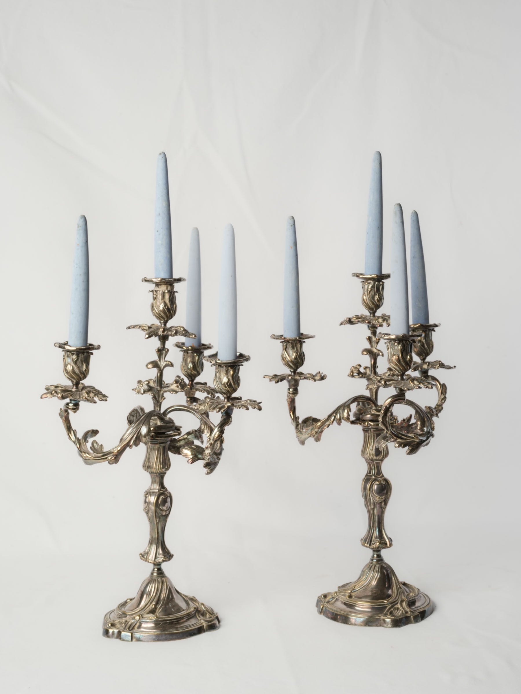 Pair of Sculptural French Rococo Silver-Plated Four-Light Candelabra, Early 20th Century - 18½"