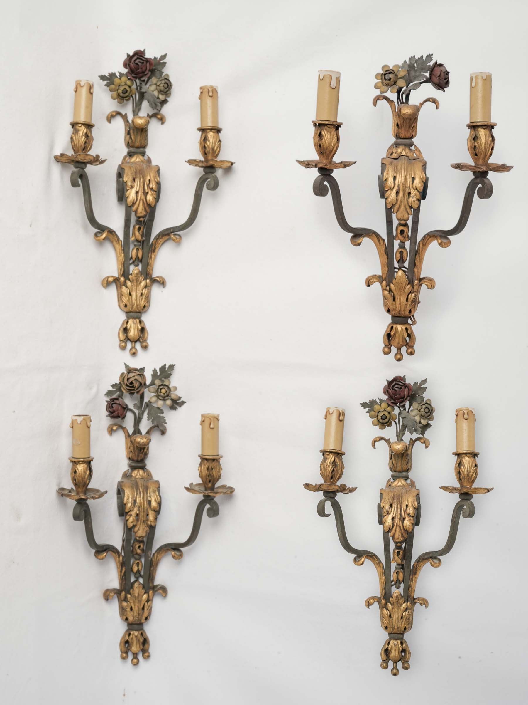 Set of Four French Two-Light Wrought Iron Wall Sconces w/ Bouquets -1940s - 17¾"x 10¼"
