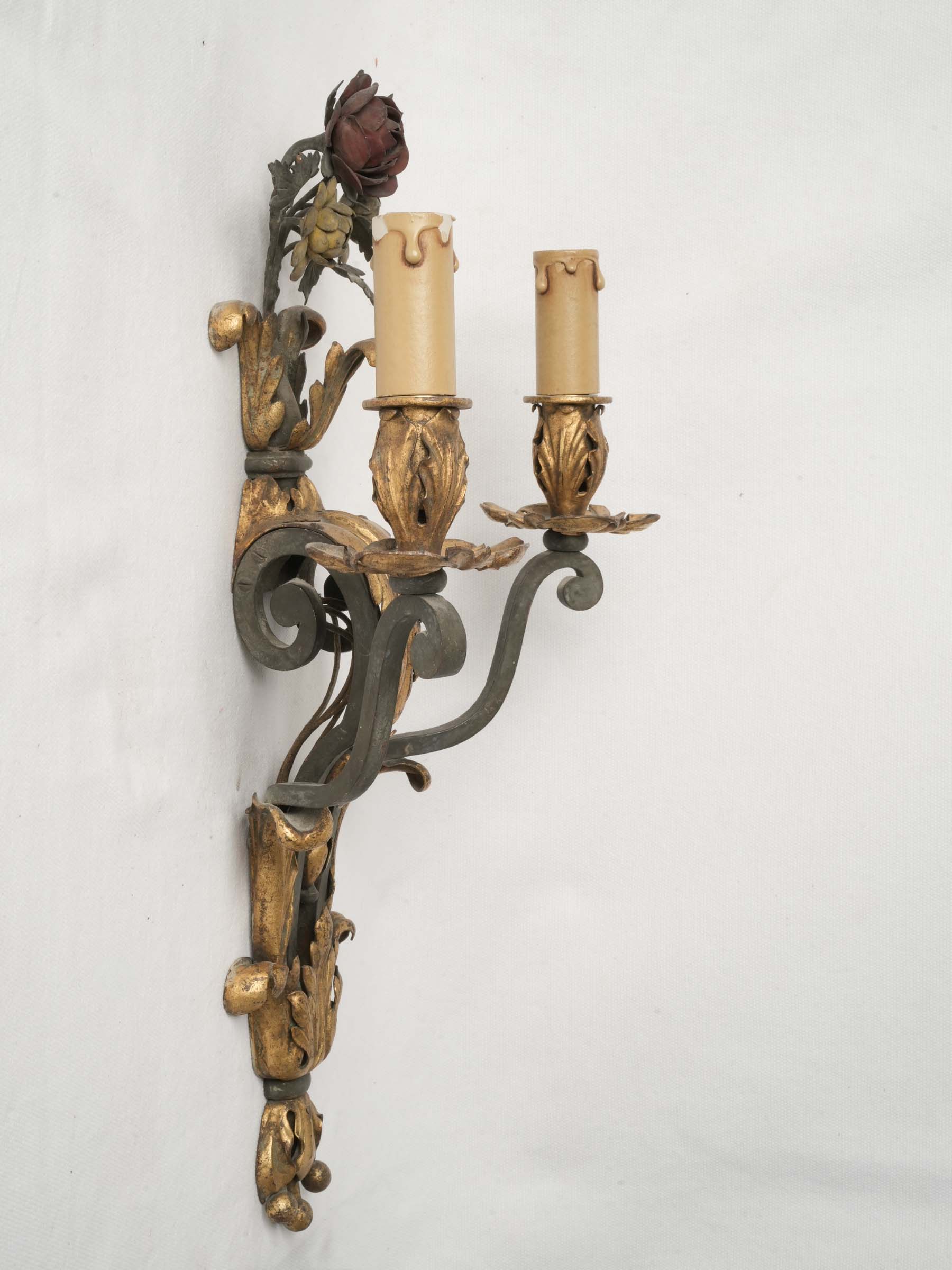 Set of Four French Two-Light Wrought Iron Wall Sconces w/ Bouquets -1940s - 17¾"x 10¼"