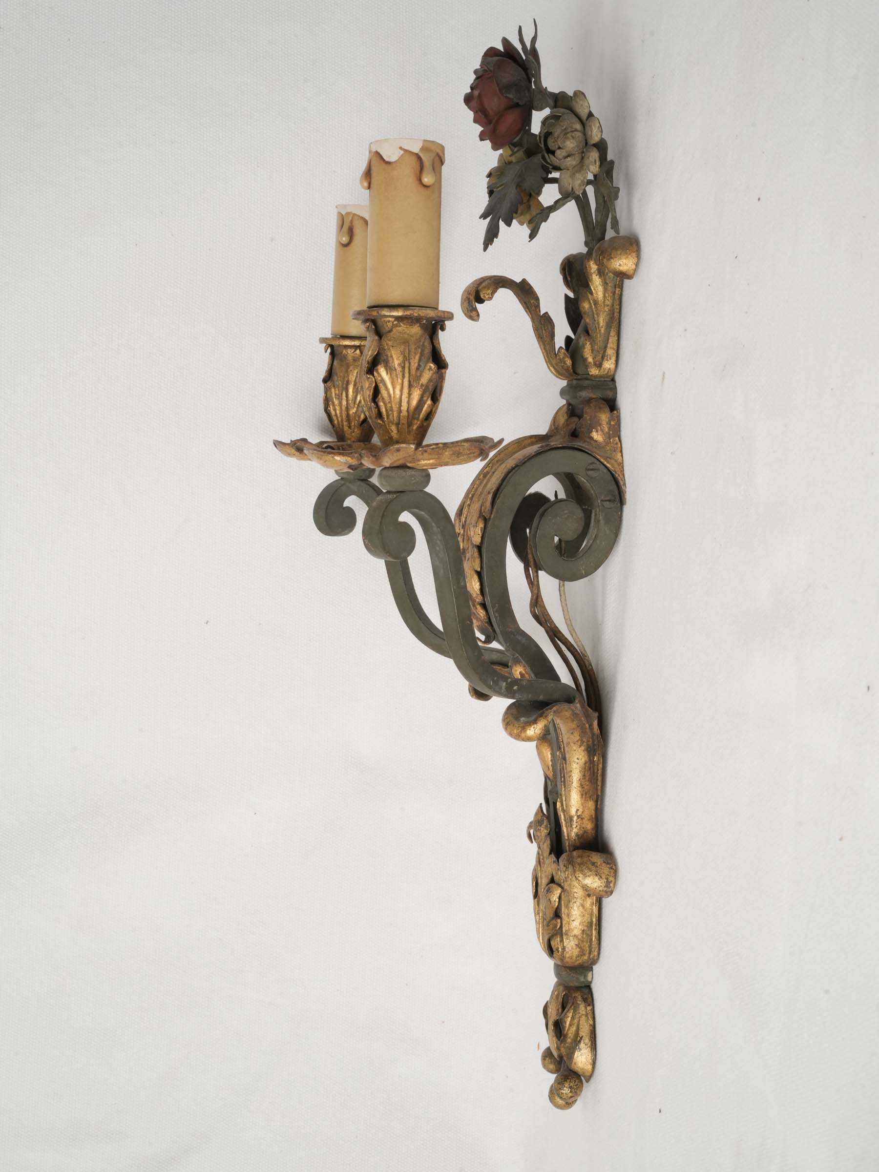 Set of Four French Two-Light Wrought Iron Wall Sconces w/ Bouquets -1940s - 17¾"x 10¼"