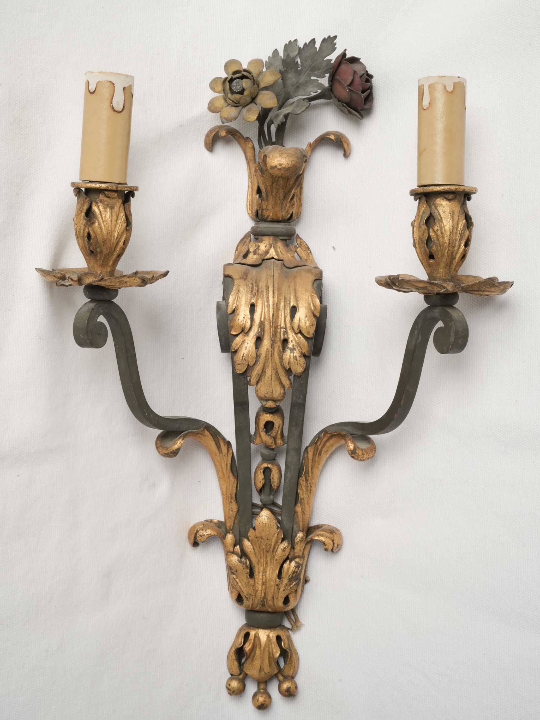 Set of Four French Two-Light Wrought Iron Wall Sconces w/ Bouquets -1940s - 17¾"x 10¼"
