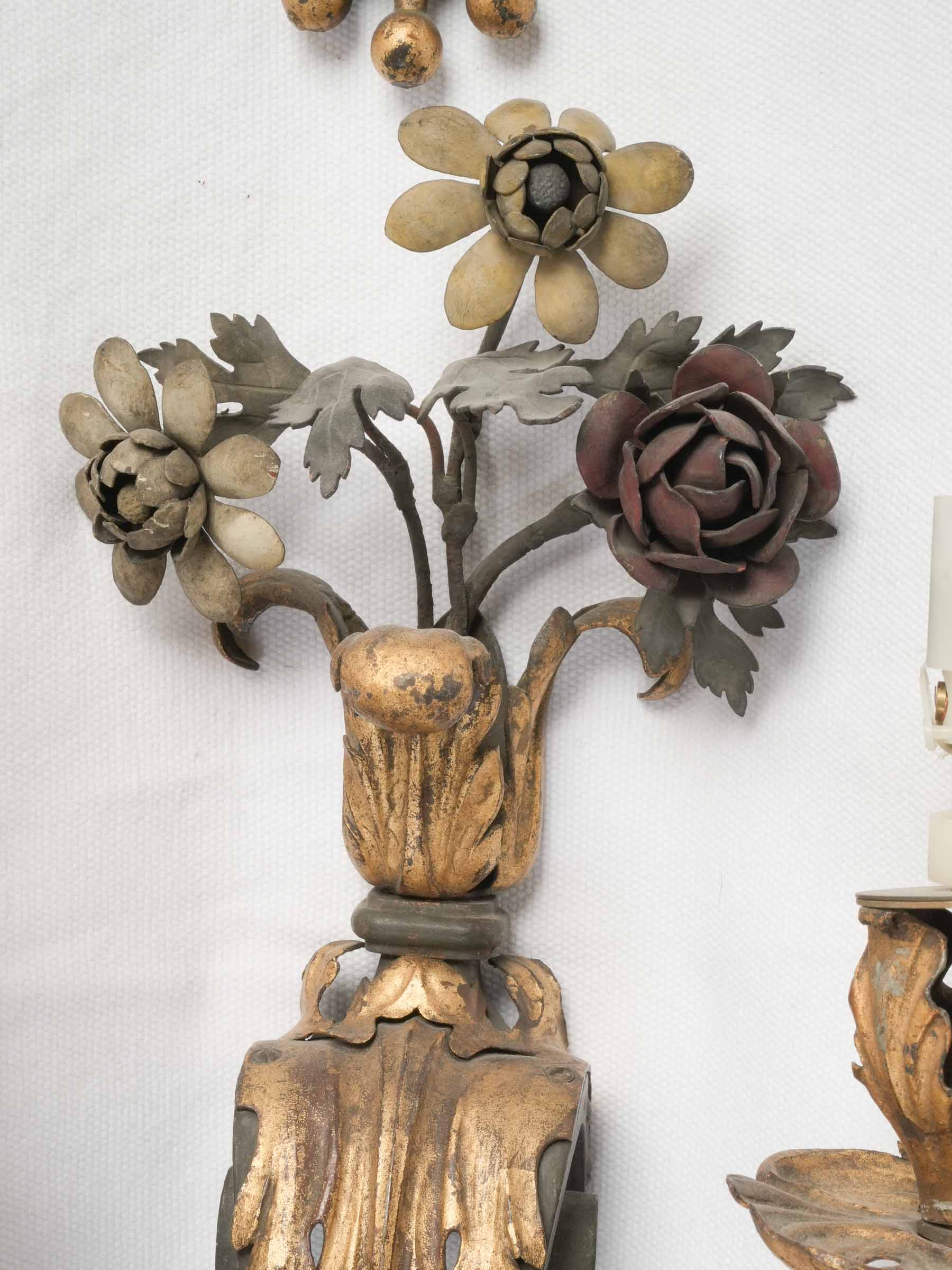Set of Four French Two-Light Wrought Iron Wall Sconces w/ Bouquets -1940s - 17¾"x 10¼"