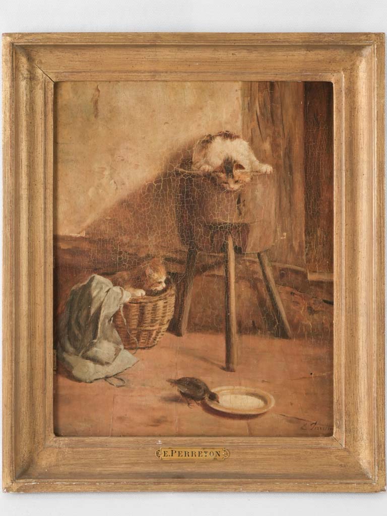 Antique French portrait of kittens watching a bird 18½" x 15¾"