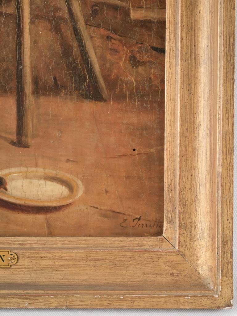 Antique French portrait of kittens watching a bird 18½" x 15¾"